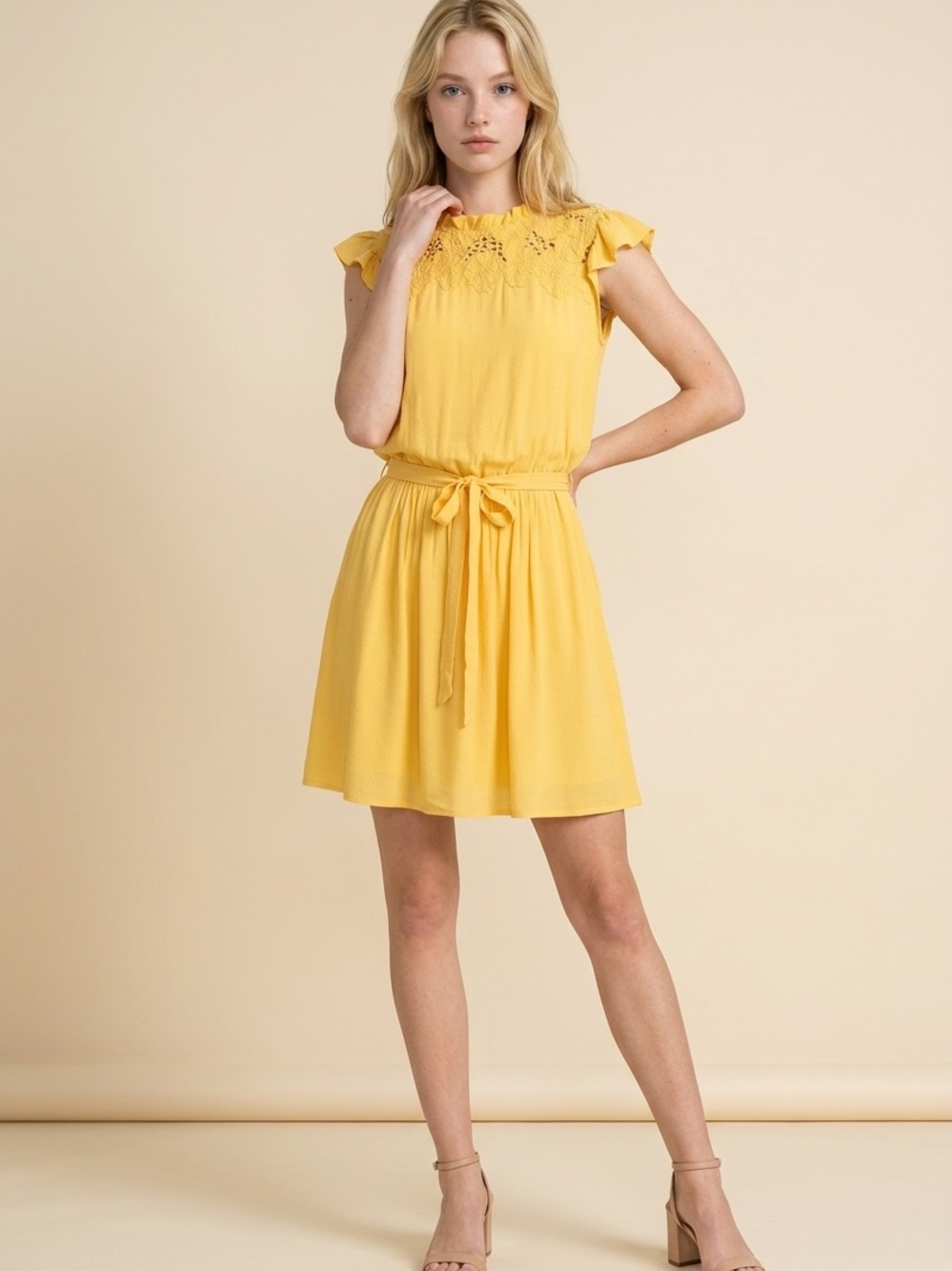 NWT LOFT Yellow Eyelet Yoke Tie-Waist Crepe Mini Dress (S)